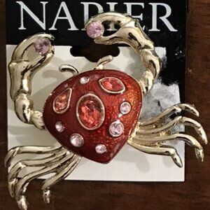 NAPIER Crab Gold Red Enamel Red/Pink Crystals Cancer Zodiac Sign Brooch Pin**NEW